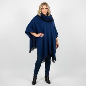 Navy Blue Fuzzy Cowl Neck Poncho with Black Fringe Lining One Size Warm Cozy Top